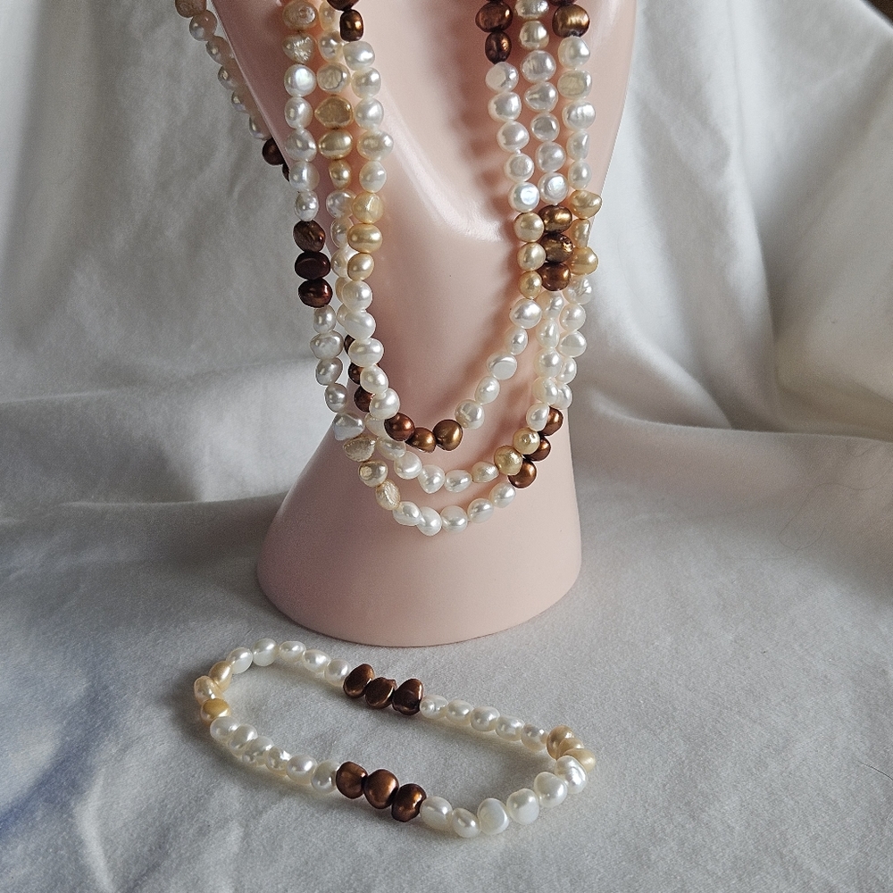 Stunning Rare Brown And Cream Pearl Necklace And Bracelet